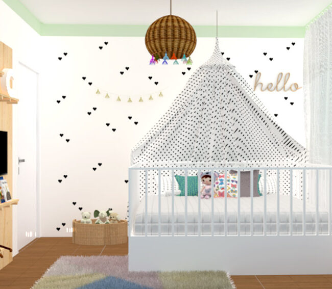 A grande cama com uma tenda ficou lúdica e aconchegante