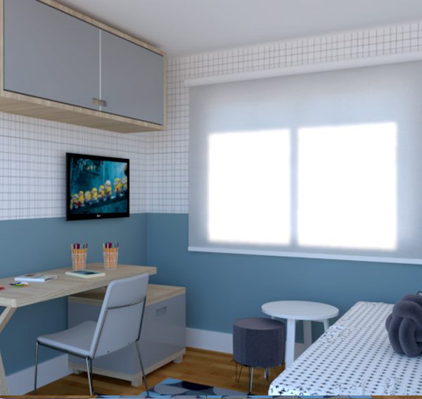 Tons de azul e cinza em equilíbrio com o branco e a madeira