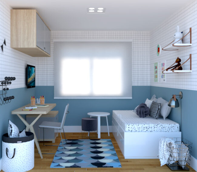 Composição de pintura meia parede e papel de parede geométrico P/B