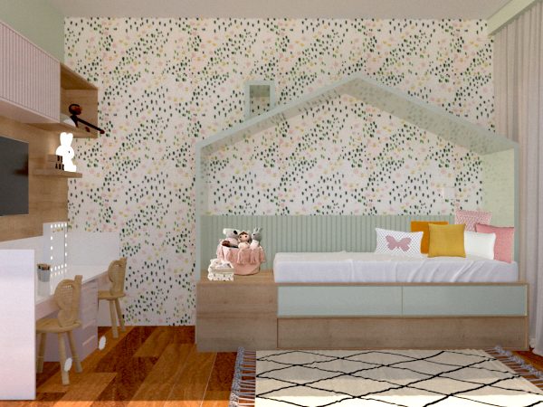 Cama casinha, lambri, papel de parede florido e cadeiras com encosto de asas de borboleta