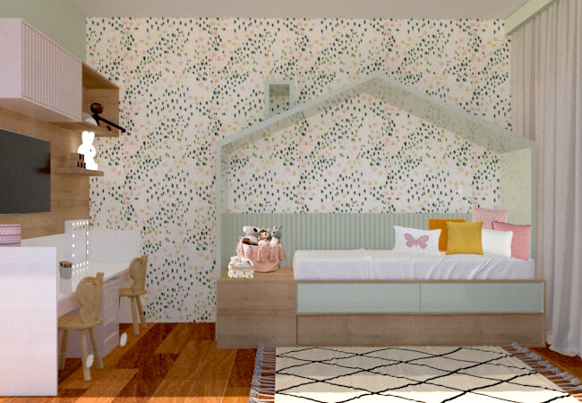 Cama casinha, lambri, papel de parede florido e cadeiras com encosto de asas de borboleta