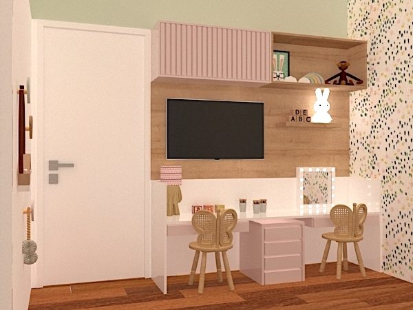 Bancada dupla para estudo e espelho camarim com gaveta de acessórios