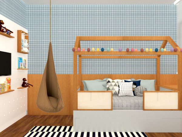 Cama casinha, poltrona de balanço suspensa e papel de parede quadriculadinho
