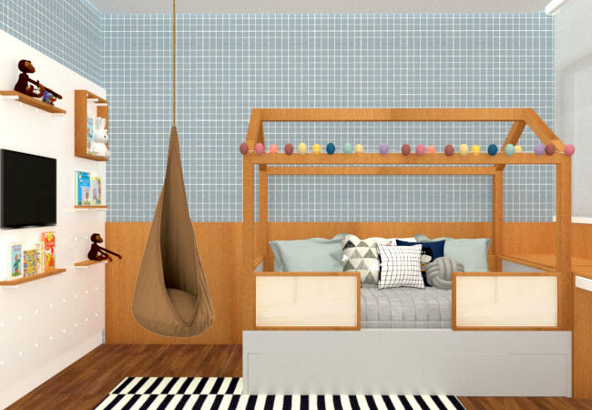 Cama casinha, poltrona de balanço suspensa e papel de parede quadriculadinho