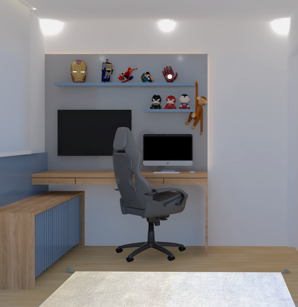 Muito espaço de armazenamento com prateleiras, gavetas e baús