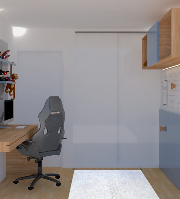 Armário aéreo iluminado e grande bancada